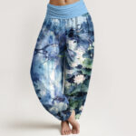 Buddha Stones Pure Cotton Watercolor Style Lotus Flower Leaf Pattern Women's Elastic Waist Harem Pants