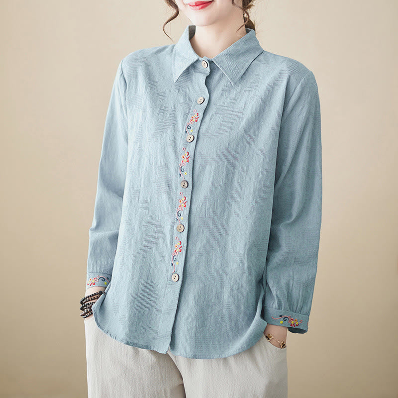 Buddha Stones Spring Plain Embroidered Flower Pattern Button Women's Long Sleeve Cotton Lapel Shirt