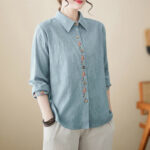 Buddha Stones Spring Plain Embroidered Flower Pattern Button Women's Long Sleeve Cotton Lapel Shirt