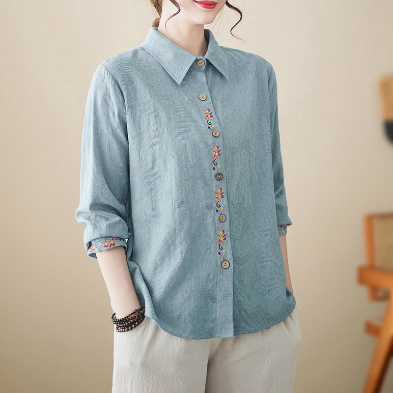 Buddha Stones Spring Plain Embroidered Flower Pattern Button Women's Long Sleeve Cotton Lapel Shirt