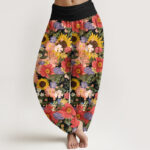 Buddha Stones Pure Cotton Colorful Sunflower Daisy Small Red Purple Flowers Pattern Women's Elastic Waist Harem Pants