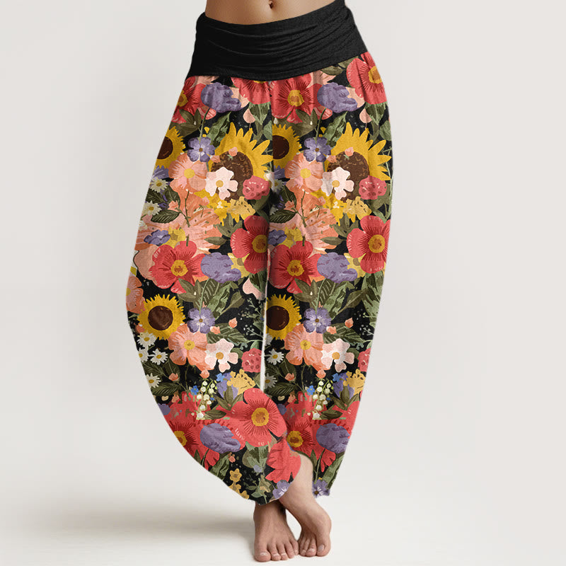 1767161593_c4c066b4-150f-4c6c-a955-a9f70a52df1f Buddha Stones Pure Cotton Colorful Sunflower Daisy Small Red Purple Flowers Pattern Women's Elastic Waist Harem Pants - Image 1