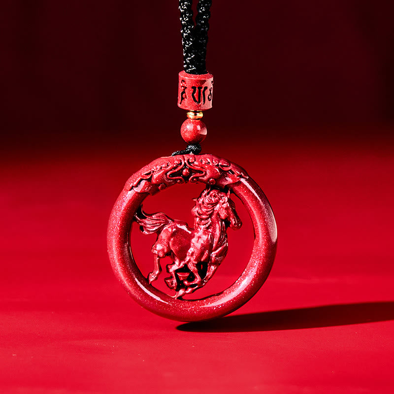 Buddha Stones Year Of The Horse Carving Peace Buckle Natural Cinnabar Concentration Necklace Pendant