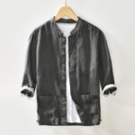 Buddha Stones Fall Solid Color Buttons Down Stand Collar Three Quarter Sleeve Linen Men's Shirt With Pockets