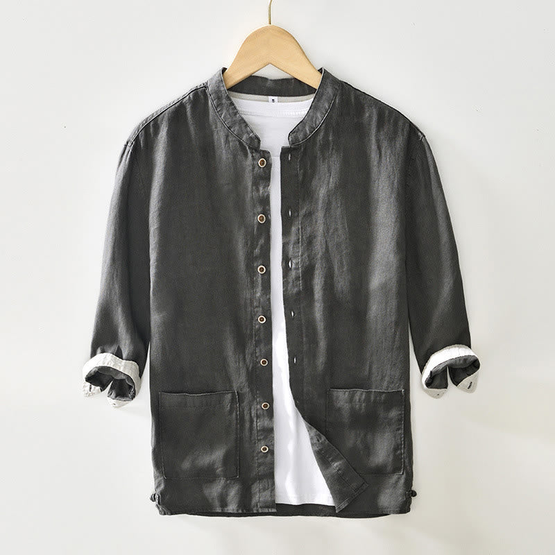 1767511305.jpg Buddha Stones Fall Solid Color Buttons Down Stand Collar Three Quarter Sleeve Linen Men's Shirt With Pockets