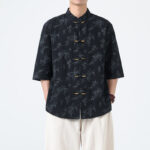 Buddha Stones Summer Bamboo Leaves Pattern Chinese Frog-Button Cotton Linen Short Sleeve Men's Shirt