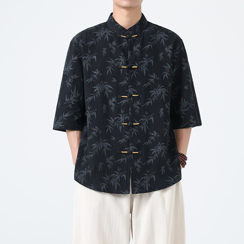 Buddha Stones Summer Bamboo Leaves Pattern Chinese Frog-Button Cotton Linen Short Sleeve Men's Shirt