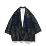 Buddha Stones Geometry Floral Stripes Butterfly Ink Open Front Half Sleeve Jacket Cotton Men's Kimono