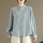 Buddha Stones Spring Traditional Floral Frog-Button Stand Collar Long Sleeve Women's Cotton Shirt
