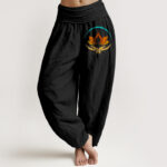 Buddha Stones Lotus Buddha Symbol Pattern Elastic Waist Women's Harem Pure Cotton Pants
