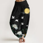 Buddha Stones Pure Cotton Crane Blooming Lotus Moon Mountain Women's Elastic Waist Harem Pants