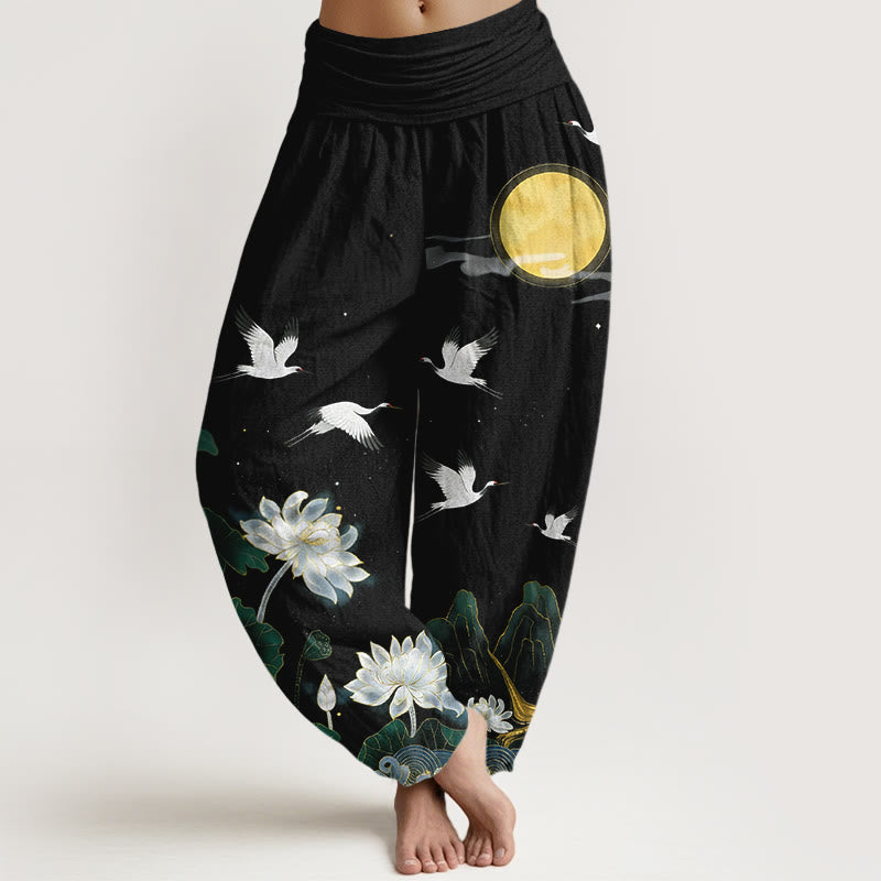1767852775 Buddha Stones Pure Cotton Crane Blooming Lotus Moon Mountain Women's Elastic Waist Harem Pants - Image 1