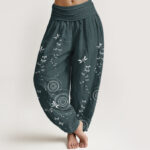 Buddha Stones Pure Cotton Circular Lines Dragonfly Women's Elastic Waist Harem Pants