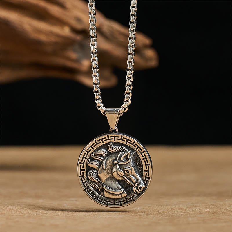 Buddha Stones Year Of The Horse Titanium Steel Balance Necklace Pendants