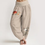 Buddha Stones Pure Cotton Concise Sun Cloud Crane Pine Tree Pattern Women's Elastic Waist Harem Pants