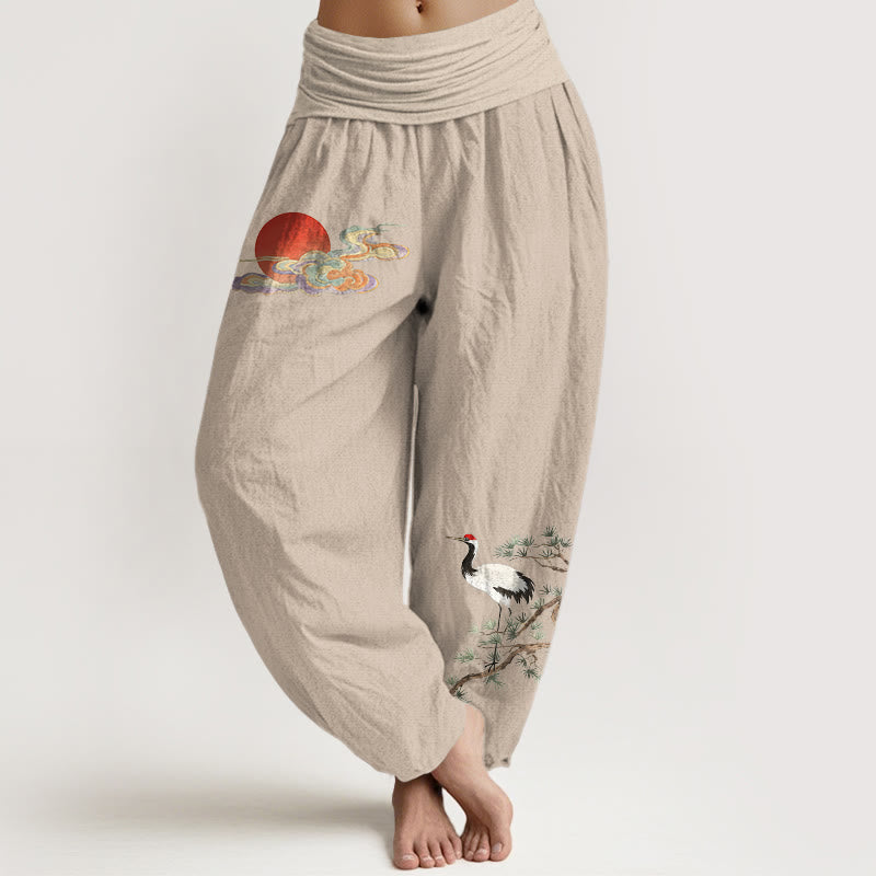 1768291751_84b95ef0-08db-49d6-a714-4d0e43c1c08d Buddha Stones Pure Cotton Concise Sun Cloud Crane Pine Tree Pattern Women's Elastic Waist Harem Pants - Image 1
