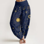 Buddha Stones Cotton Gorgeous Sun Moon Star Constellation Cloud Pattern Women's Elastic Waist Harem Pants