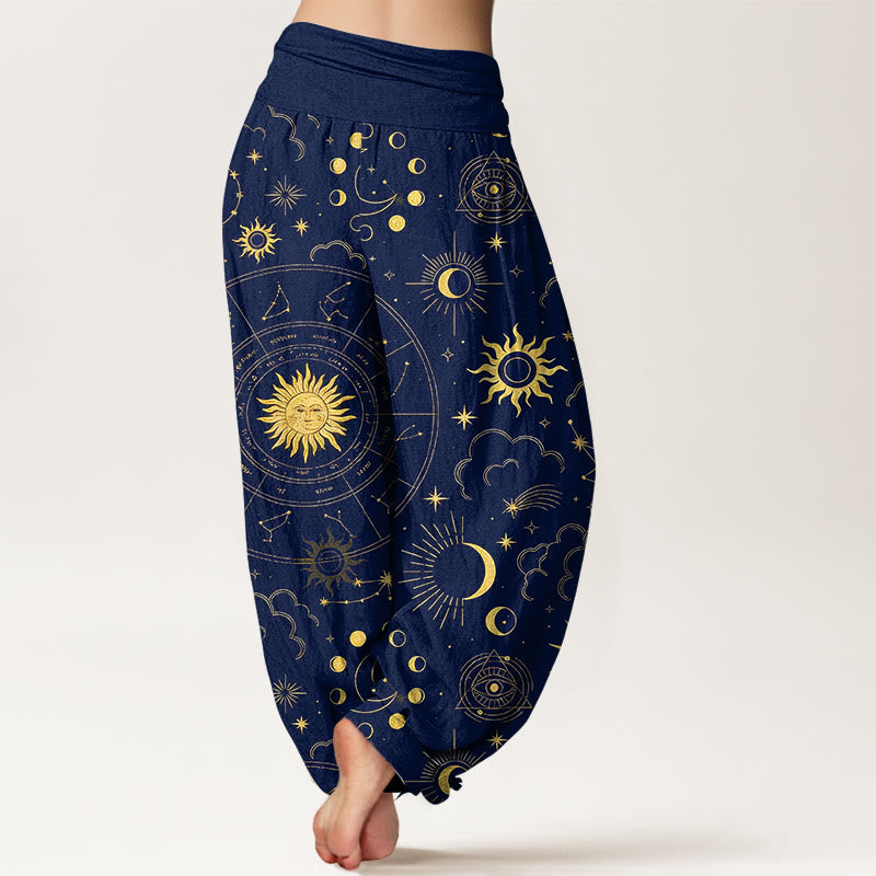Buddha Stones Cotton Gorgeous Sun Moon Star Constellation Cloud Pattern Women's Elastic Waist Harem Pants
