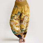 Buddha Stones Cotton Gorgeous Horse Cloud Pattern Women's Elastic Waist Harem Pants