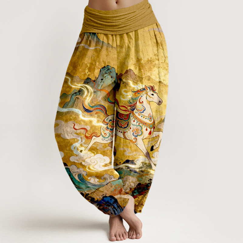 Buddha Stones Cotton Gorgeous Mountain Horse Cloud Pattern Women's Elastic Waist Harem Pants