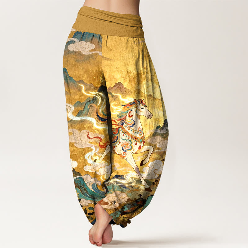 Buddha Stones Cotton Gorgeous Mountain Horse Cloud Pattern Women's Elastic Waist Harem Pants
