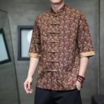 Buddha Stones Summer Colorful Floral Leaves Pattern Short Sleeve Frog-button Design Men's Cotton Shirt