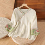 Buddha Stones Stand Collar Embroidery Button Design Three Quarter Sleeve Women's Shirt