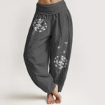 Buddha Stones Pure Cotton Concise Dandelion Pattern Women's Elastic Waist Harem Pants
