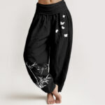 Buddha Stones Pure Cotton Concise Bamboo Butterfly Pattern Women's Elastic Waist Harem Pants
