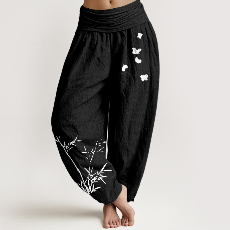 1769492323_f7f82f39-b87f-4619-a8ea-3f462655680d Buddha Stones Pure Cotton Concise Bamboo Butterfly Pattern Women's Elastic Waist Harem Pants - Image 1