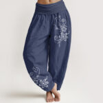 Buddha Stones Pure Cotton Composed Of Dots Vine Flower Pattern Women's Elastic Waist Harem Pants