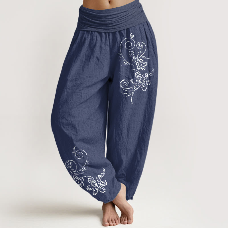1769495726 Buddha Stones Pure Cotton Composed Of Dots Vine Flower Pattern Women's Elastic Waist Harem Pants - Image 1