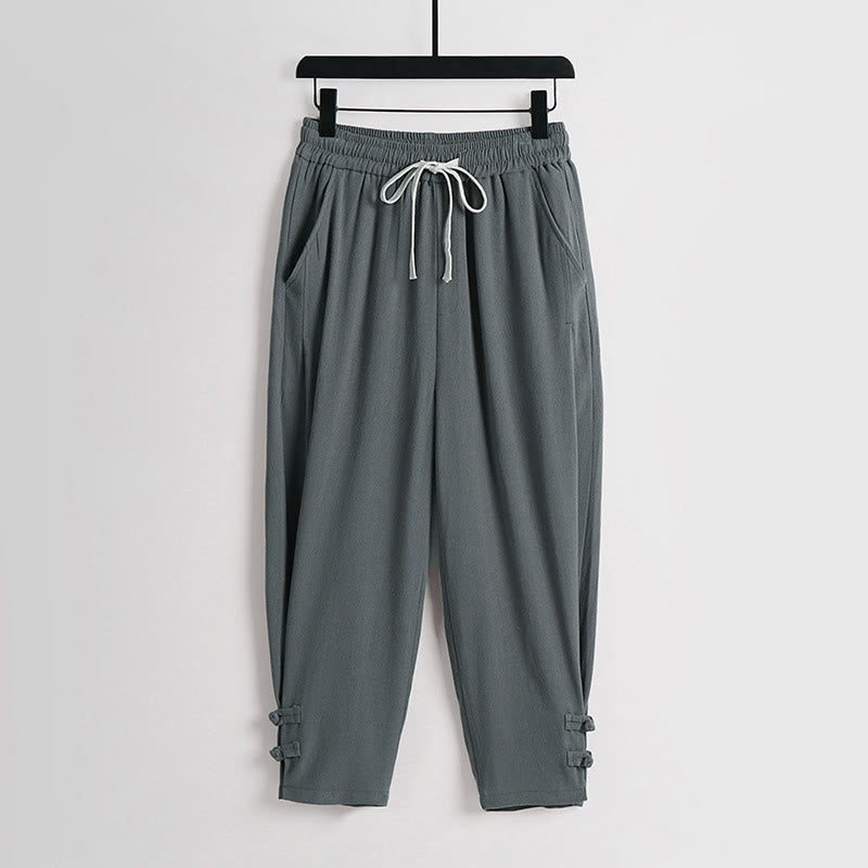 1769768709_798578df-15f1-4faa-8e6a-8d5337e5a11e.jpg Buddha Stones Summer Drawstring Elastic Waist Frog-Button Ankle-Length Men's Cotton Linen Pants With Pockets