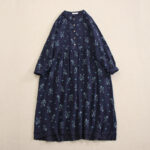 Buddha Stones Spring Small Floral Print Buttons Design Crew Neck Long Sleeve Midi Dress With Pockets
