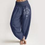 Buddha Stones Pure Cotton Concise Lotus Flower Pattern Women's Elastic Waist Harem Pants