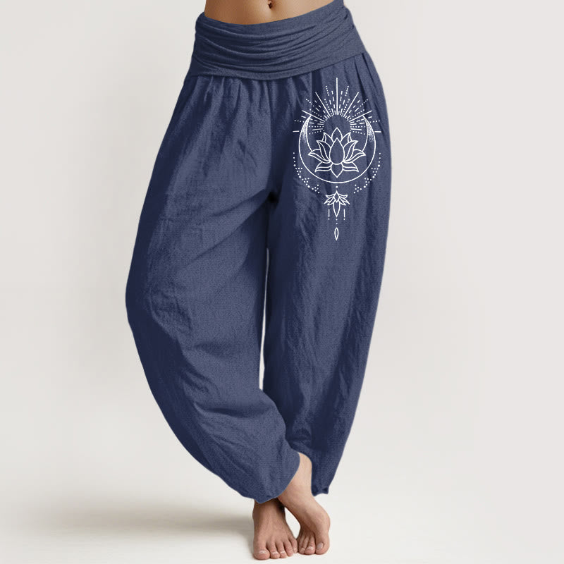 1770099528 Buddha Stones Pure Cotton Concise Lotus Flower Pattern Women's Elastic Waist Harem Pants - Image 1