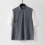 Buddha Stones Summer 2 In 1 Stripes Stand Collar Short Sleeve Frog-Button Men's Cotton Shirt