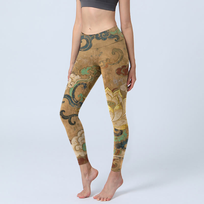 Buddha Stones Traditional Lotus Flower Cloud Pattern Print Gym Leggings Women's Yoga Pants