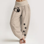 Buddha Stones Pure Cotton Concise Cat Paw Prints Heart-Shaped Pattern Women's Elastic Waist Harem Pants