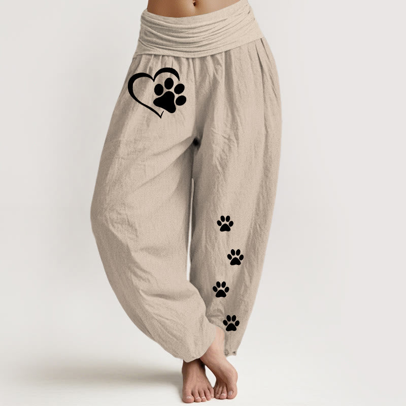 1770797034_cd115f0c-c1de-45ea-b2e0-94ebb425d44c Buddha Stones Pure Cotton Concise Cat Paw Prints Heart-Shaped Pattern Women's Elastic Waist Harem Pants - Image 1