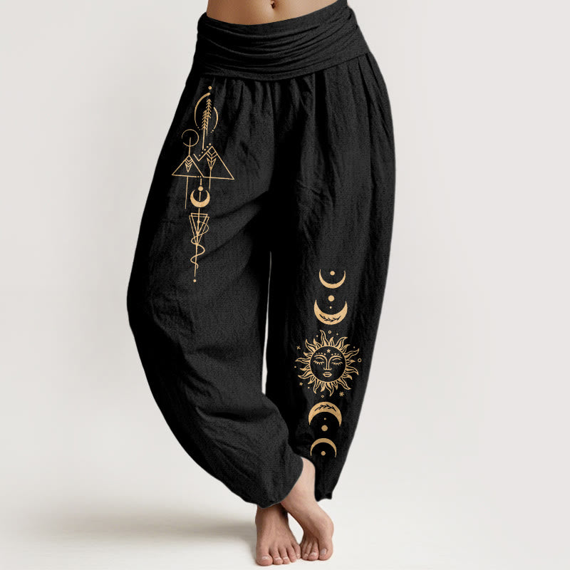 1770798017_b6795926-cd31-4786-a3a9-6c26f7bcceef Buddha Stones Pure Cotton Concise Sun Moon Geometric Pattern Women's Elastic Waist Harem Pants - Image 1