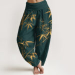 Buddha Stones Pure Cotton Classical Bamboo Pattern Women's Elastic Waist Harem Pants