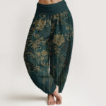 Buddha Stones Pure Cotton Classical Flower Leaf Vine Pattern Women's Elastic Waist Harem Pants