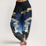 Buddha Stones Pure Cotton Colorful Crane Cloud Mountain Pattern Women's Elastic Waist Harem Pants