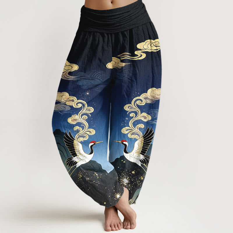 1770861672_7e472bd6-e074-4651-9471-6014c4f6e3f9 Buddha Stones Pure Cotton Colorful Crane Cloud Mountain Pattern Women's Elastic Waist Harem Pants - Image 1