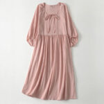 Buddha Stones Spring Solid Color Lace-up Crew Neck Design Three Quarter Sleeve Women's Midi Dress
