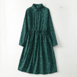 Buddha Stones Spring Grass Vines Print Buttons Design Long Sleeve Midi Dress With Pockets