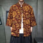 Buddha Stones Spring Frog-Button Dragon Mountain Flower Three Quarter Sleeve Tang Suit Men's Shirt With Pockets