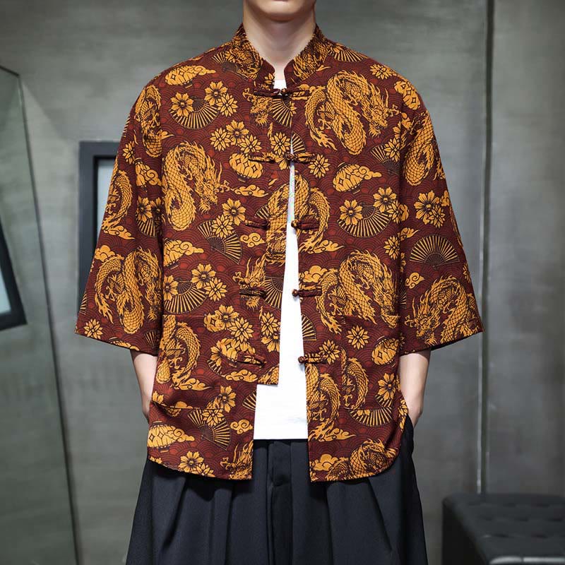 1770963936_869bd94c-dc46-4e68-80d4-a8b358a72a5f Buddha Stones Spring Frog-Button Dragon Mountain Flower Three Quarter Sleeve Tang Suit Men's Shirt With Pockets - Image 1