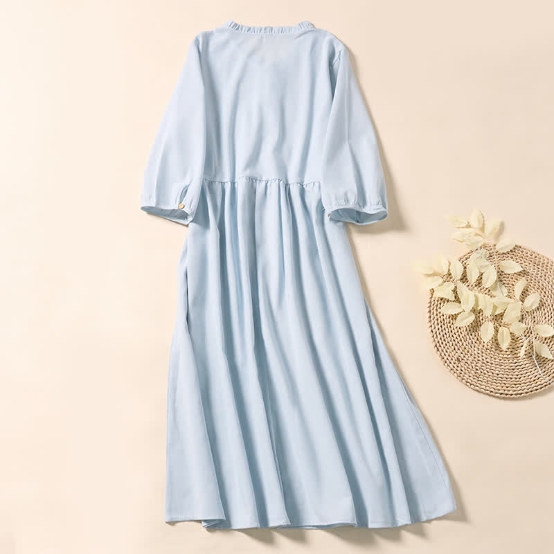 Buddha Stones Summer Commute Pleated Design Buttons Short Sleeve Cotton Midi Dress